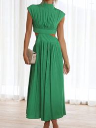 Casual Dresses Women S Summer Sleeveless Pleated Maxi Dress Mock Neck Cut Out Long Flowy Elegant Cocktail Party Formal