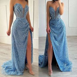 프롬 블루 파란색 멋진 드레스 베이비 스팽글 연인 프롬 드레스 저녁 우아한 허벅지 스플릿 드레스 특별한 OCNS 로브 드로이어 드레스 es
