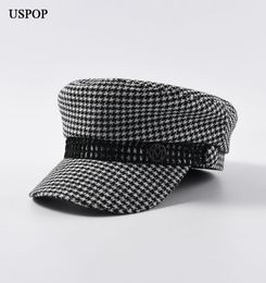 USPOP 2019 Autumn winter women vintage newsboy fashion metal letter M military flat top plaid visor caps Y2001028697720