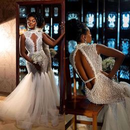 Pearls Gorgeous Mermaid Sleeveless Wedding Dresses High-Neck Hollow Design Backless Tulle Custom Made Plus Size Bridal Gown Vestidos De Novia
