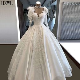 High-Neck Long-Sleeves Gowns Custom Mermaid Bridal Elegant Made Applique Race Feather Floor-Length Wedding Dresses Court Train Satin Ruched Tulle