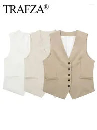 Women's Vests TRAFZA Women Fashion Solid Linen Single Breasted Sleeveless Waistcoat Top Summer Female Casual Streetwear Suit Vest