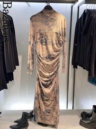 Casual Dresses 2024 Bazaleas Store Tie Dye Print Evening Party Dress Elegant Mesh Long For Women Official Turtleneck Lady