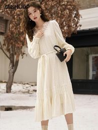 Casual Dresses MISHOW Lace Texture Jacquard Midi Dress Women Elegant Long Sleeve Lace-up V-neck Plus Velvet A-line Woman MXC58L1630