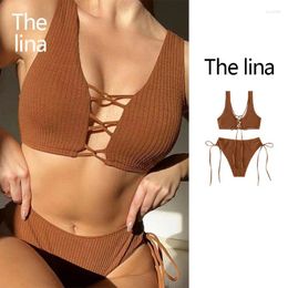 Women's Swimwear 2024 Summer European And American Beach Split Swimsuit Solid Colour High Waist Sexy Bikini