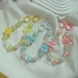Keychains Bowknot Beaded Mobile Phone Chain Charm Camellia Flowers Pendant Hanging Lanyard Strap Women Girls Sweet Accessorie