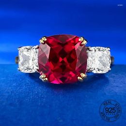 Cluster Rings Simple Three Zircons Design 9x9mm Red Ruby High Carbon Diamond 925 Sterling Silver Ring For Women
