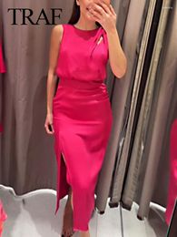 Casual Dresses 2024 Women Fashion Sleeveless Satin Dress Female Pink Ruched Slit Elegant Long Midi Evening Party Vestidos