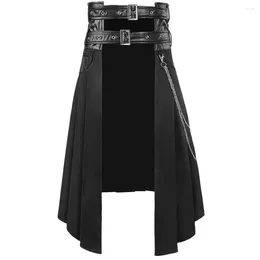 Men's Pants Cosplay Punk Pleated Skirt Gothic Leather Belt Mediaeval Roman Warrior Kilt Metal Chian Asymmetry Black Halloween Costume