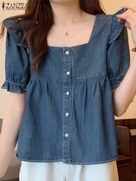 Women's Blouses Shirts ZANZEA Korean Womens Denim Shirt Sweetheart Ruffled Short Sleeve Shirt Vintage Square Neckline Cut Top 2024 Summer Ruffled BlueL2405