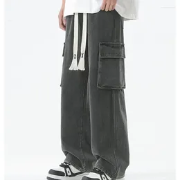Men's Pants Japanese Korean Retro Multi-pocket Splicing Workwear Jeans Men Tide Loose Straight Wide-leg Cool