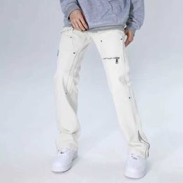 ans 2023 Y2K Fashion White Baggy New Jeans Kpop Cargo Pants For Men Clothing Straight Ankle Zipper Women Long Trousers Ropa Hombre J240507