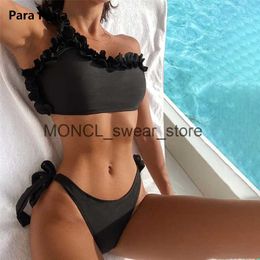 Women's Swimwear Para Praia Push Up Bikini Set Female Ruffled Bandeau Swimsuit 2023 One Shoulder Women Brazilian Bathing Suit H240507