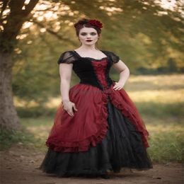 Gothic Mediaeval Victorian Wedding Dresses 2024 Black With Red Contrast Coloured Aesthetic Short Sleeves Ruffles Renaissance 1950s Bridal Gowns Elvish Robe Mariage