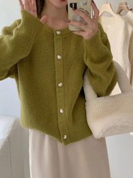 Women's Knits Round O Neck Blue Short Knit Tops For Woman Kawaii Cute Crop Green Sweater Winter Button Cardigan Clothes Tall