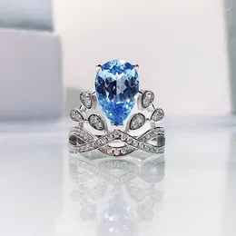 Cluster Rings Crown Shape Wedding Ring For Women 925 Sterling Silver Blue Topaz Elegant Luxury Anniversary Birthday Gift Wife Lady Jewellery