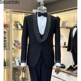 Golden Beads Men Wedding Tuxedos 2 Pieces Tailored Peaked Lapel Outfits Groom Black Pants Sets (Jacket+Pants)