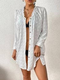 Women's Bikini Cover Up Cropped Button-down Shirt Dress White Baggy Swimsuit