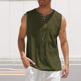 Men's Tank Tops Tie Neckline Men Vest Summer V-Neck Bandage Design Top Sleeveless T-shirt Patch Pocket Solid Color Loose Fit