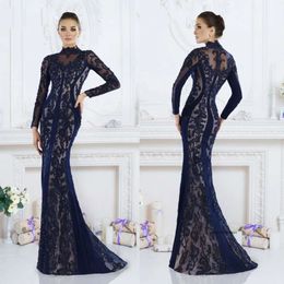 Sexy Janique Mermaid Mother Of The Bride Dresses High Neck Long Sleeve Lace Applique Crystal Wedding Guest Dress Sweep Train Evening Gowns 0431