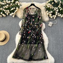 Casual Dresses Vintage Sweet Embroidery Mesh Sheer Elegant Vneck Long Sleeve A-line Dress Women Fashion Summer Spring
