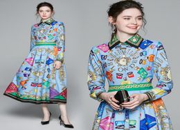 Luxury Blue Button Shirt Dress Women Spring Fall Long Sleeve Party Prom Lapel Neck Slim Ladies Designer Dress Elegant Office Print3585722