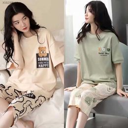 Women's Sleepwear Summer New Girls Short Sleeved 7 Pants Set Korean Edition American Girls Casual Printed Pyjamas WX