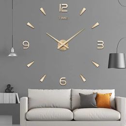 Clocks 27"~47" Wall Clock for Living Room Decor Frameless DIY Modern Wall Clocks with Mirror Number Sticker for Home Bedroom Decoration