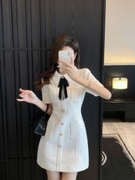 New design women's peter pan collar short sleeve Colour block bow patched cute tweed Woollen a-line French style casual dresses SMLXLXXL