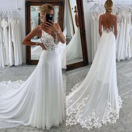 A Boho Wedding Lace Line Dresses Straps Backless Button Appliques Sweep Train Designer Wedding Bridal Gowns ppliques