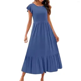 Casual Dresses Solid Color Pleated Dress For Women 2024 Summer Short Sleeve Tshirt Maxi Elegant Female Loose A Line Robe