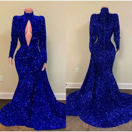 Beading Pullu Gece Elbise Kraliyet Mavisi 2021 Yüksek V Boyun Süpürme Tren Denizkızı Prom Elbise Gerçek Görüntü Resmi Gowns Party Wear
