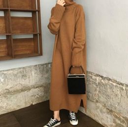 Women Autumn Winter thick Turtleneck long Sweater Dress ladies Long Sleeve straight split Knitted pullover dresses solid 2010295099189