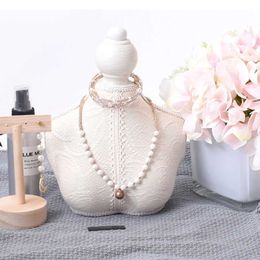 Jewelry Stand Vintage wooden lace mannequin bust jewelry necklace display stand earrings storage box Q240506