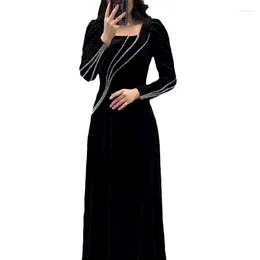 Casual Dresses 2024 Arrivals Luxurious Diamonds Long-sleeved Fashion Women Evening Party Dress Elegant Slash Neck High Waist Maxi