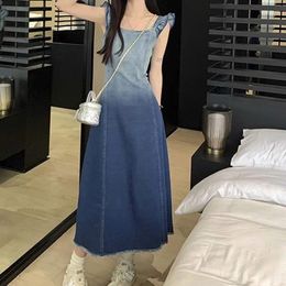 Party Dresses 2024 Arrival Women's Summer Gradient Color Denim Dress Small Flying Sleeves Waist-Cinching Design Long