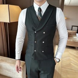 High Quality DoubleBreasted Solid Mens Vest Coat Korean Style Business Slim Fit Male Waistcoat Groom Wedding Dress Suit Vests 240507