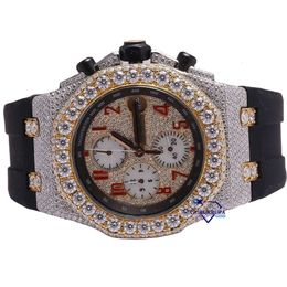 Customised mens luxury hip hop watch half iced out in moissanite diamonds with vvs clarity style in black rubber belt