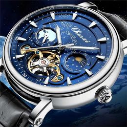 Star River Moon Phase Hollow Mechanical Tourbillon Watch Fully Automatic Night Glow Belt Male