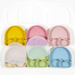 Cups Dishes Utensils Newly designed silicone meal tray suction cup cute cartoon rainbow tray childrens training feeding suction cup bowl childrens tablewareL2405