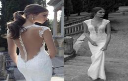 New Berta Winter 2019 Lace Wedding Dresses With Deep V Neck Sheer Illusion Back Sheath Sweep Train Covered Button Custom White Bri5753658