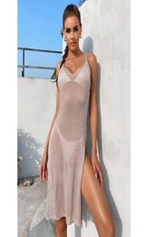 Casual Dresses Women Sexy Mesh Beach Dress Sheer Long Cover Up Knitted Tunic Female Swimsuit Bikini Sarong Swimwear Sling3076090