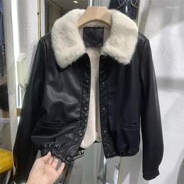 Women's Leather Autumn Winter Pu Skin Plush Thickening 2024 Female Jacket Coat Large Woollen Collar Short Tops Women