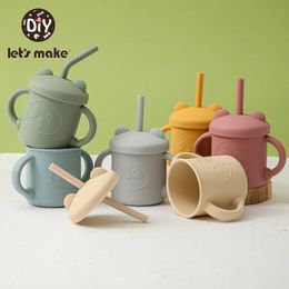 Lets Make Bear Silicone Baby Feeding Cup with Straw BPA Free Silicon Sippy Trainer Straw Cups with Handles Baby Water Bottle 240423