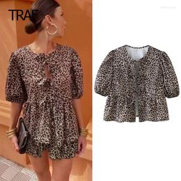 Women's Blouses Leopard Print Top Women Shirts Spring 2024 O-Neck Puff Sleeve Bow Lace Up Korean Style Shirt Elegant And Youthful Tops