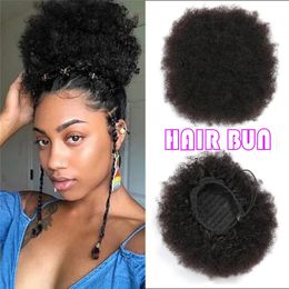 Indian Human Hair Drawstring Ponytail Updo Clip In Afro Puff Short Afro Kinky Curly Chignon Bun Non-Remy 240507