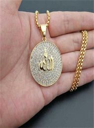 Hip Hop Iced Out Round Pendant Necklace Stainless Steel Islam Muslim Arabic Gold Color Prayer Jewelry Drop 210929294e4661733