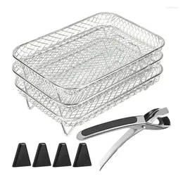 Double Boilers Stainless Steel Grill Rectangular Basket 3 Layers With Silicone Feet Tray Air Fryer Grilling Rack Accessories Set