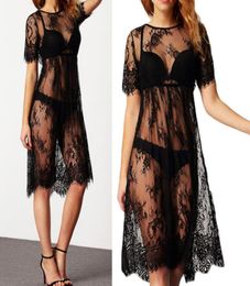 New sexy Women Lace Dress Casual Long Black Short Sleeve O Neck See Through Beach Wear Dresses 7952032