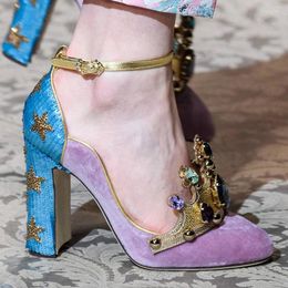 Dress Shoes Vintage Suede Gemstone Crown Decoration Stitching Blue Sequin Star Cloth High Heels Pumps Rhinestone Buckles Thick Heel